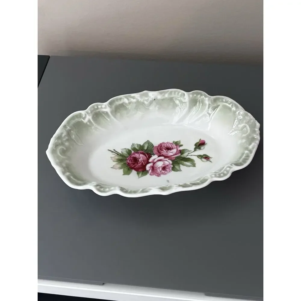 Vintage Rose Trinket Dish Cottage Porcelain Germany Green Floral Romantic Ring